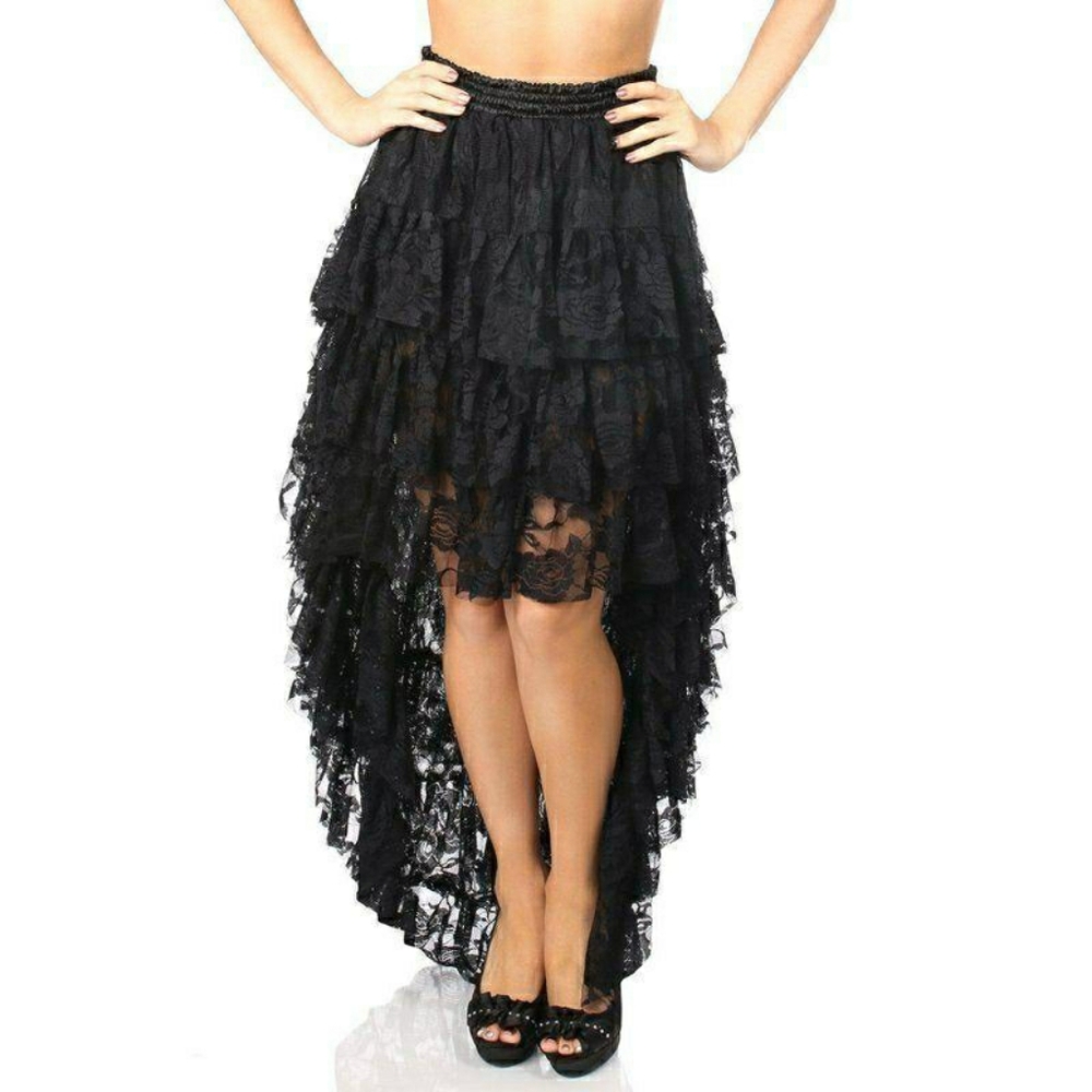 OS S M L Black Floral Lace High Low Ruffled Tiered Semi Sheer Layered Maxi Skirt